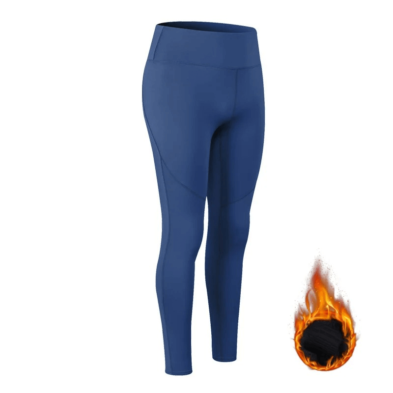 Women's high waist insulated yoga leggings in blue with flame icon, showcasing comfort and warmth for yoga sessions, product SF1952.